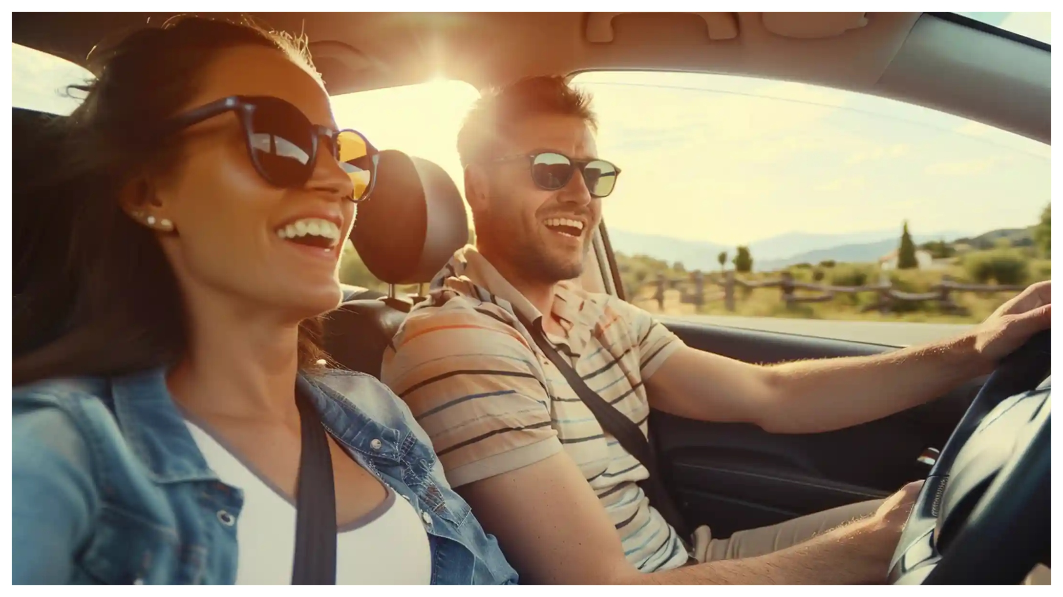 Personas conduciendo vehiculo con atardecer de fondo